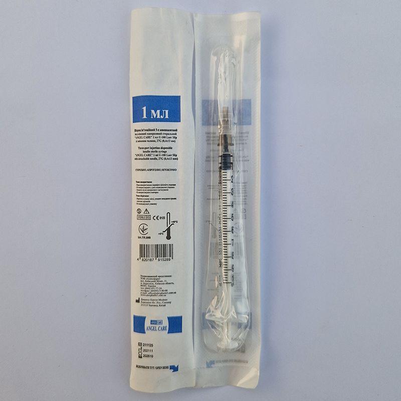 Шприц ін’єкційний 3-х компонентний інсуліновий одноразовий стерильний «ANGEL CARE» 1 мл U-100 Luer Slip зі знімною голкою, 27G (0,4x13 мм)